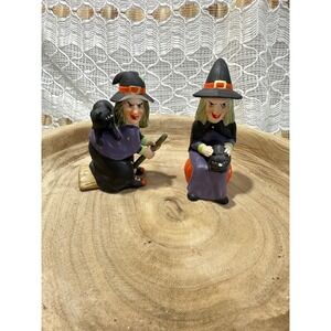 Russ Witch Figurines Halloween Black Cat Broom Pumpkin Set of 2 Ceramic